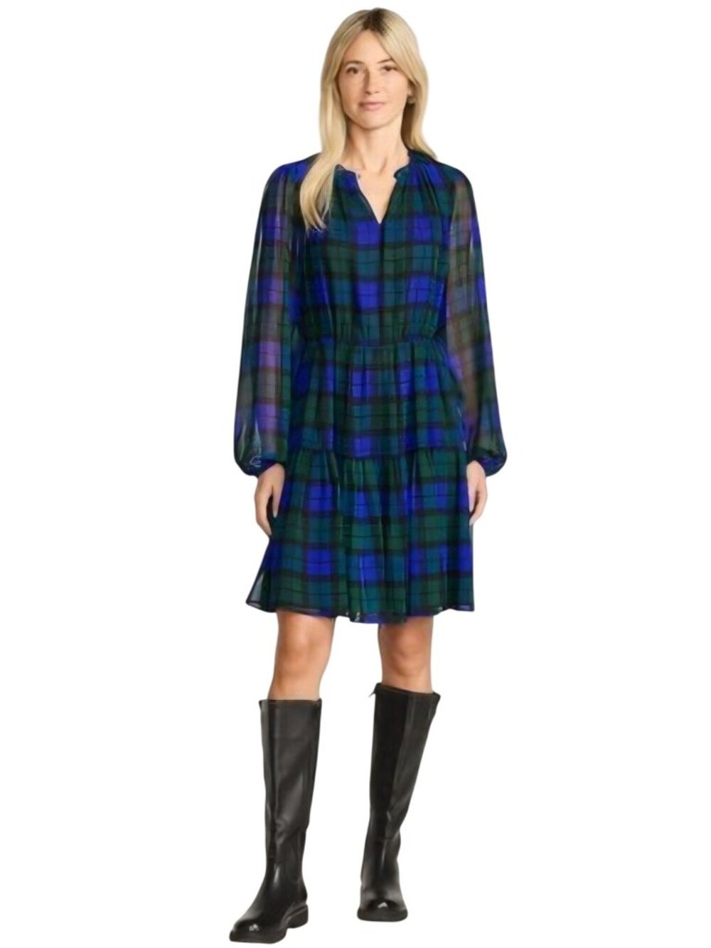 Lands' End 2025 Blackwatch Plaid Cobalt Adjustable Waist Dress Size L